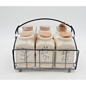 Rae Dunn By Magenta Spice Jars in Metal Holder 6 Jars Cork Stopper